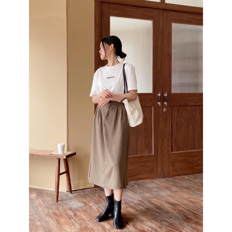Sét áo phông mix chân váy xoè nâu, Sét nữ áo phông trắng + chân váy nâu