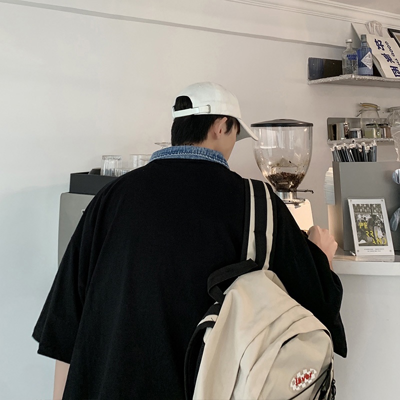 Áo Thun Tay Ngắn Cổ Polo Chất Liệu Denim Có Khóa Kéo In Chữ Phong Cách Hàn Quốc Cho Cặp Đôi