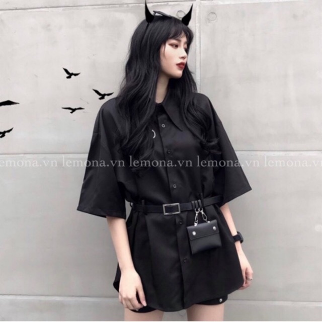 [Mã WASTUP giảm 10% tối đa 30K đơn 99K] ÁO SƠ MI ĐEN GIẤU QUẦN CÁ TÍNH TẶNG KÈM TÚI ĐEO HÔNG
