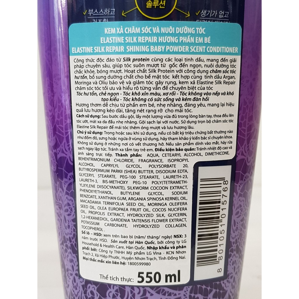 Dầu Gội Dầu Xả Chăm Sóc Nuôi Dưỡng Tóc Elastine Silk Repair Hương Phấn Em Bé 550ml