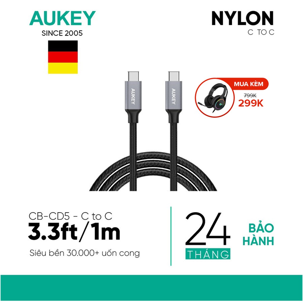 Cáp Sạc C To C Aukey CB-CD5 Siêu Bền, Công Suất 60W, 480Mbps - Hàng Chính Hãng