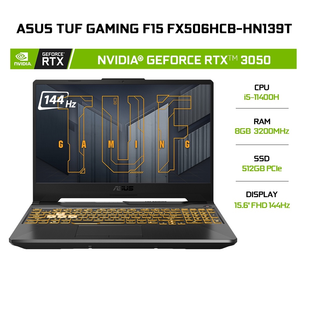 Laptop ASUS TUF Gaming F15 FX506HCB-HN139T (i5-11400H | 8GB | 512GB | GeForce RTX™ 3050 4GB | 15.6' FHD 144Hz | Win 10)