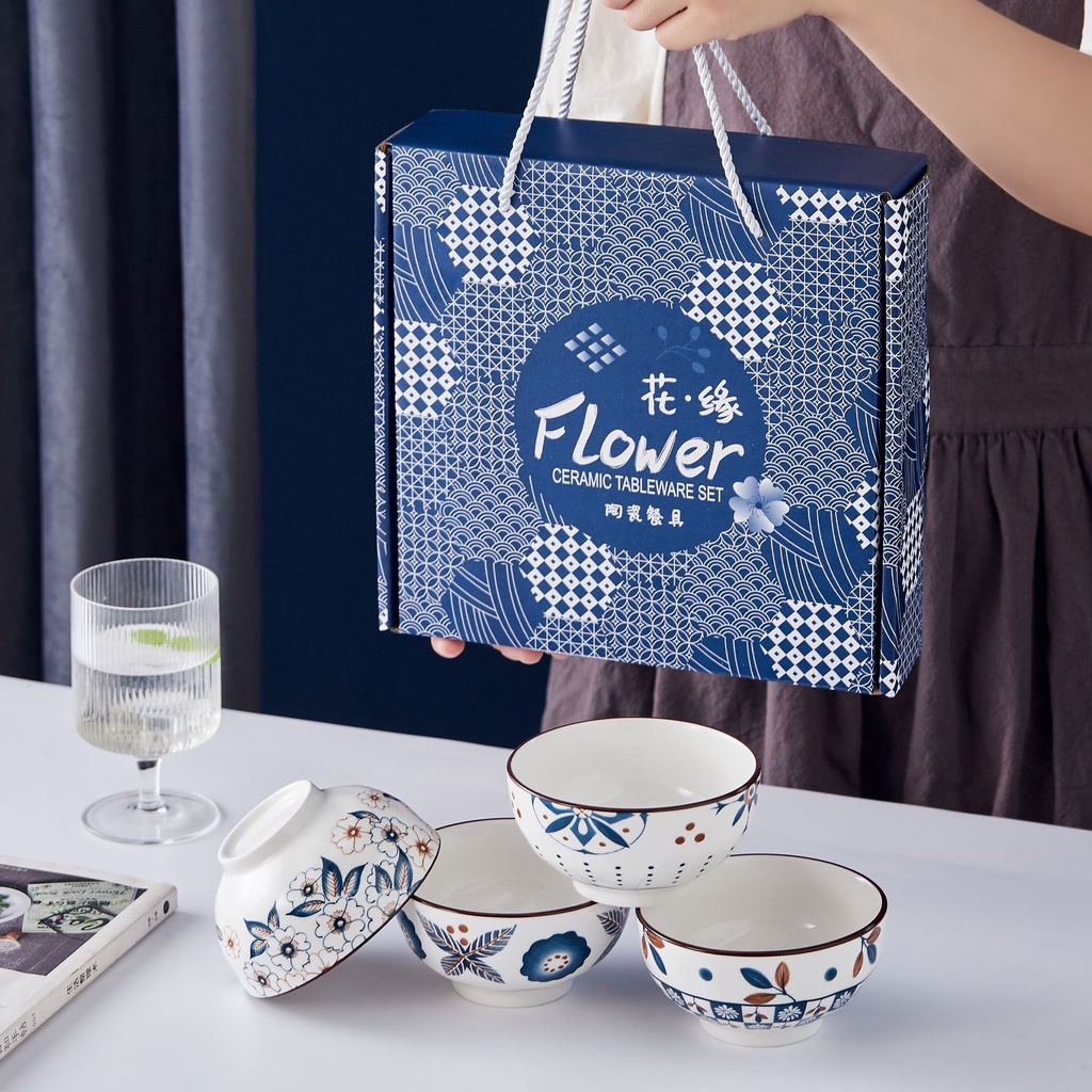 Bộ bát chén kèm đĩa FLOWER phong cách Nhật Bản dễ thương Cốc Cốc kèm hộp túi làm quà tặng, trang trí phòng bếp, nhà cửa