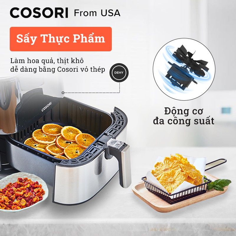 NỒI CHIÊN KHÔNG DẦU COSORI CP258 5,5L - THÉP (Đặc biệt: Có chức năng sấy thực phẩm) - Chính Hãng bởi Kitchen Art