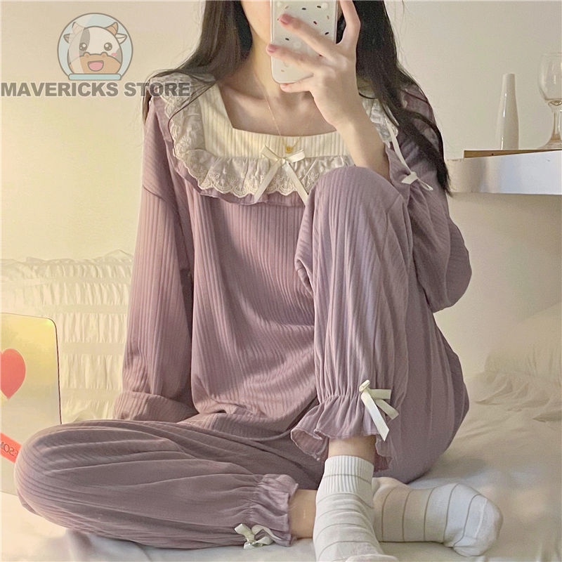Bộ Đồ Ngủ Tay Dài Phối Ren Màu Tím Dễ Thương Phong Cách Hàn Quốc Thời Trang Mùa Thu Cho Nữ