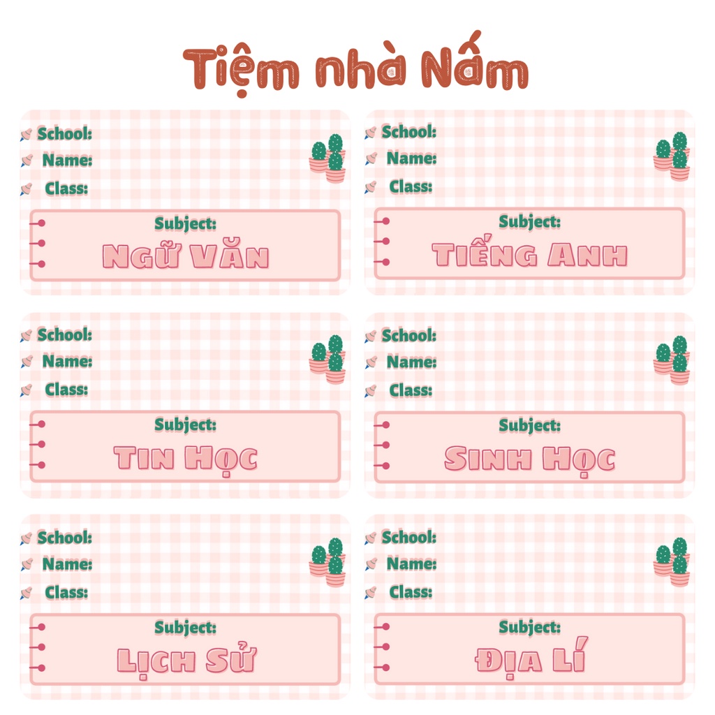 Combo Nhãn Vở Thiết Kế Theo Tên Môn Học, Caro Hồng