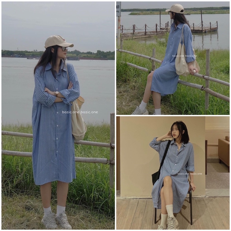 [SIEU SALE] Váy sơ mi kẻ caro xuông dài xanh (hàng sẵn)