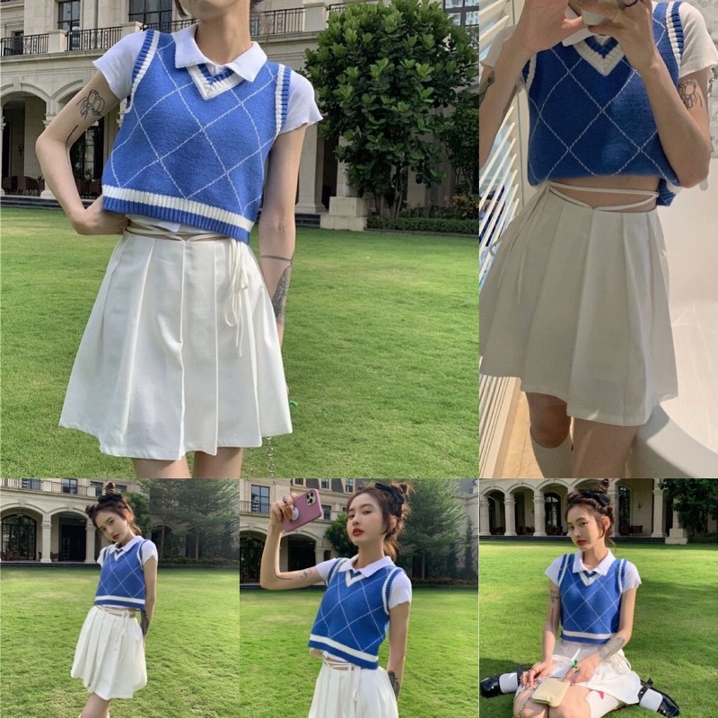 Áo Gile Len Cộc Tay Dáng Croptop Form Ôm Kẻ Vuông Nữ