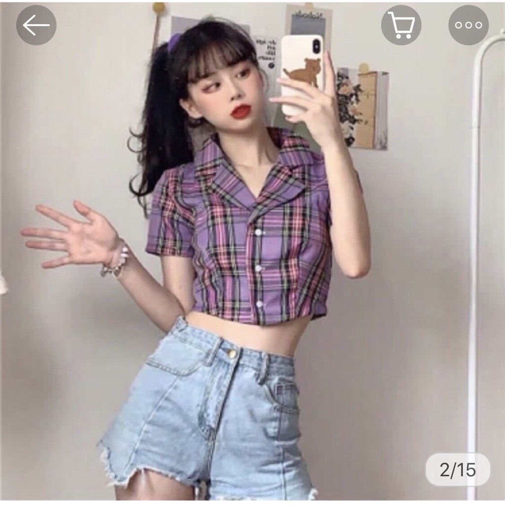 Áo Sơ Mi Croptop Tay Ngắn Kẻ Caro Chất Thô MềmÁo Croptop Cổ Vest Kẻ Caro