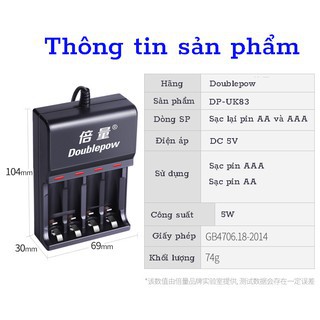 Sạc pin Doublepow DP-UK83 tự ngắt, chuyên dụng sạc pin AA/AAA, 4 khe sạc được 4 viên pin AA hoặc AAA hàng chính hãng