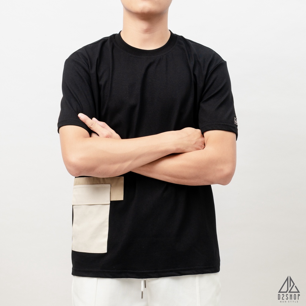 Áo thun D2shop, áo thun cổ tròn phối túi, phối túi tà áo, màu đen