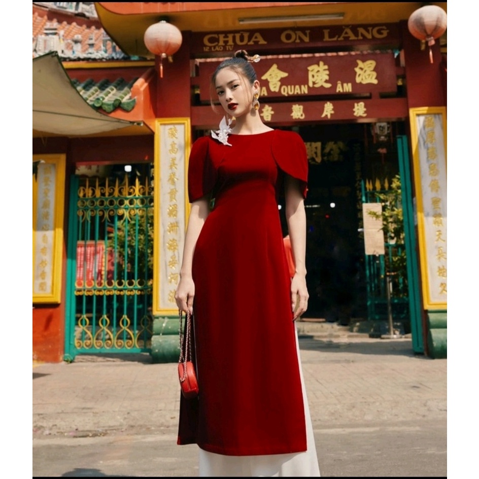 Thanh lý áo dài cách tân nhung đỏ Hương Boutique