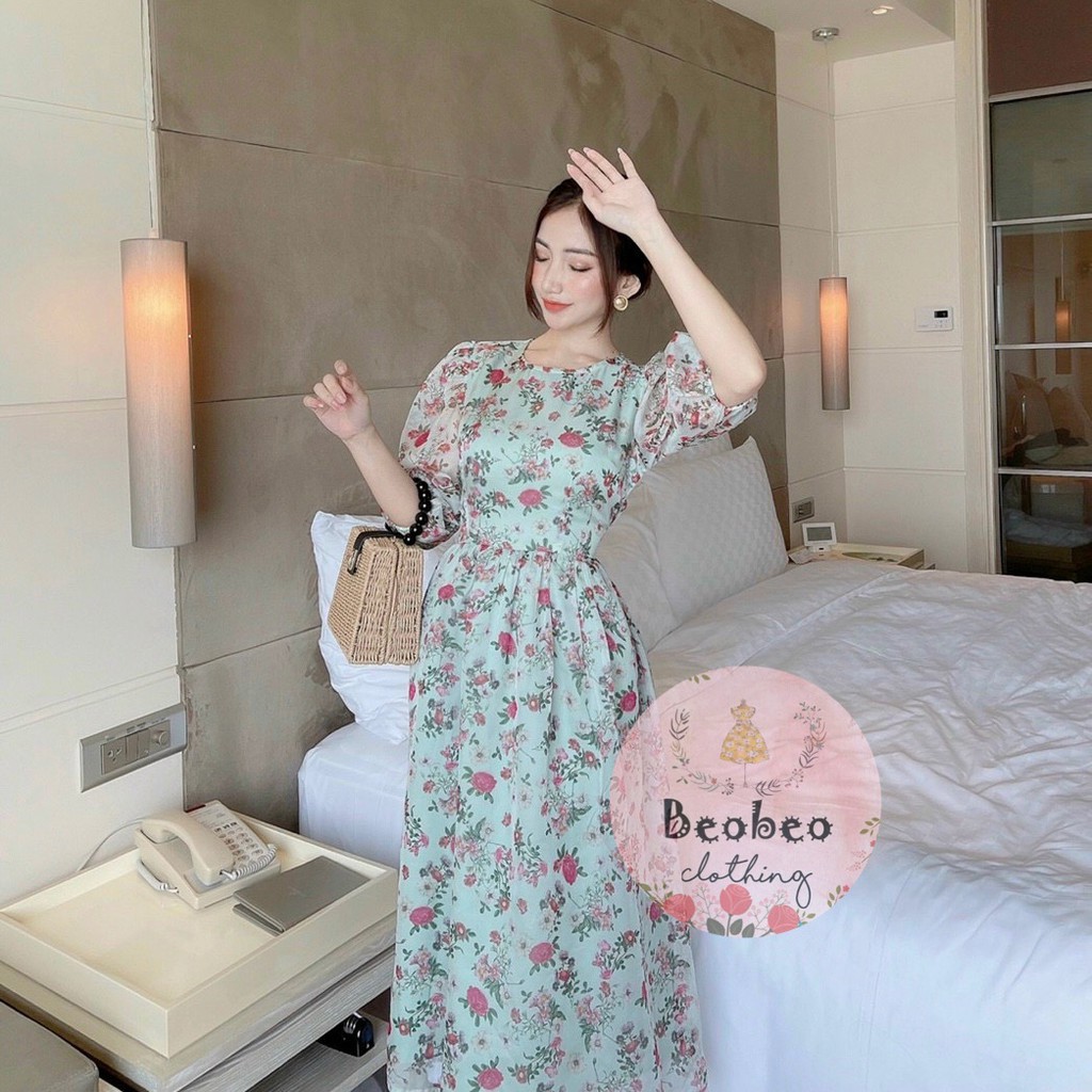 Đầm midi voan hoa nhí tay phồng thắt nơ vintage