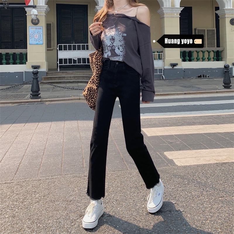 Quần jean cho nữ ống đứng co giãn màu đen thời trang Hàn Quốc