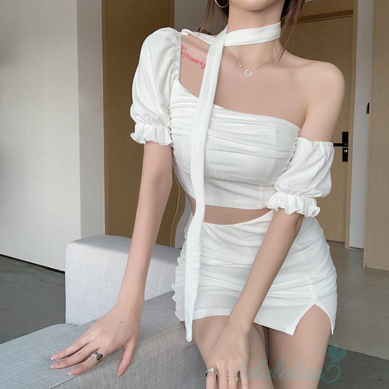 Set đồ mùa hè 2 món gồm áo crop top tay ngắn hở vai + chân váy mini xẻ tà cho nữ LL5