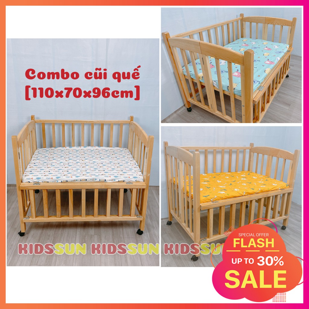 [Combo 3] Nôi Cũi Cho Bé Giường Cũi Gỗ Quế Màu Tự Nhiên Kích Thước [110x70x96cm] Chịu Lực Tới 60kg Kèm BX Hàng XK