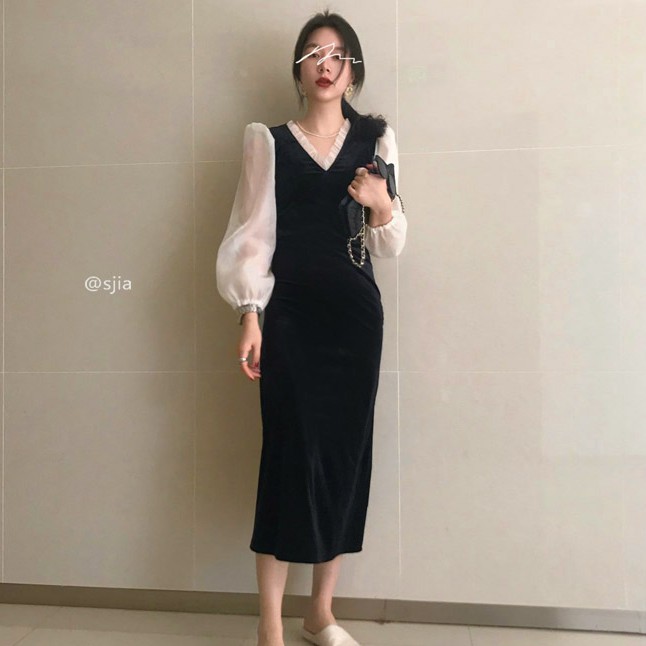 Đầm nhung cổ chữ V phong cách Hàn Quốc đáng yêu cho nữ | BigBuy360 - bigbuy360.vn