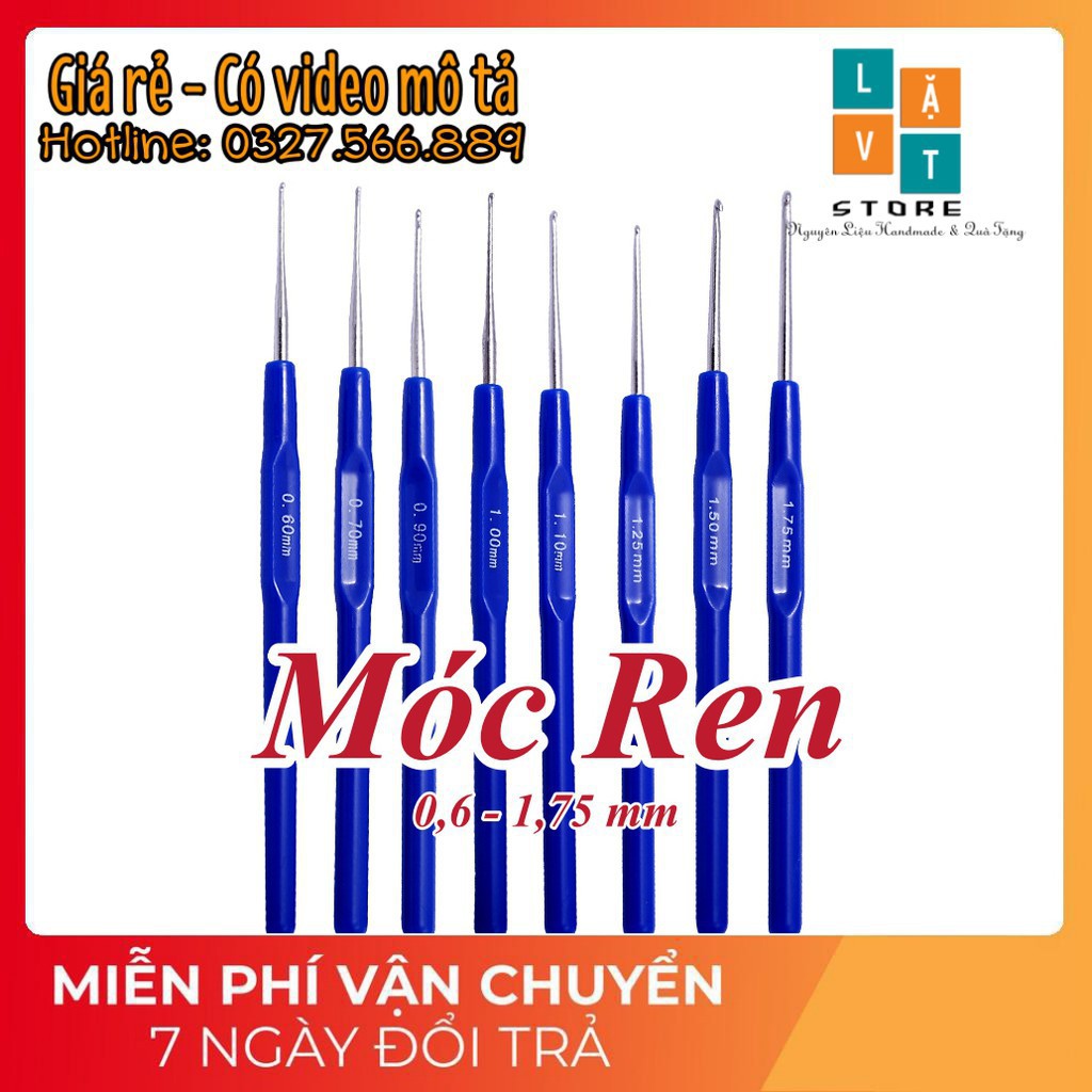 Bộ dung cụ 8 cây Móc Ren, Móc len cán màu xanh từ 0,6 đến 1,75 mm - Crochet Hook bằng thép không gĩ handmade DIY