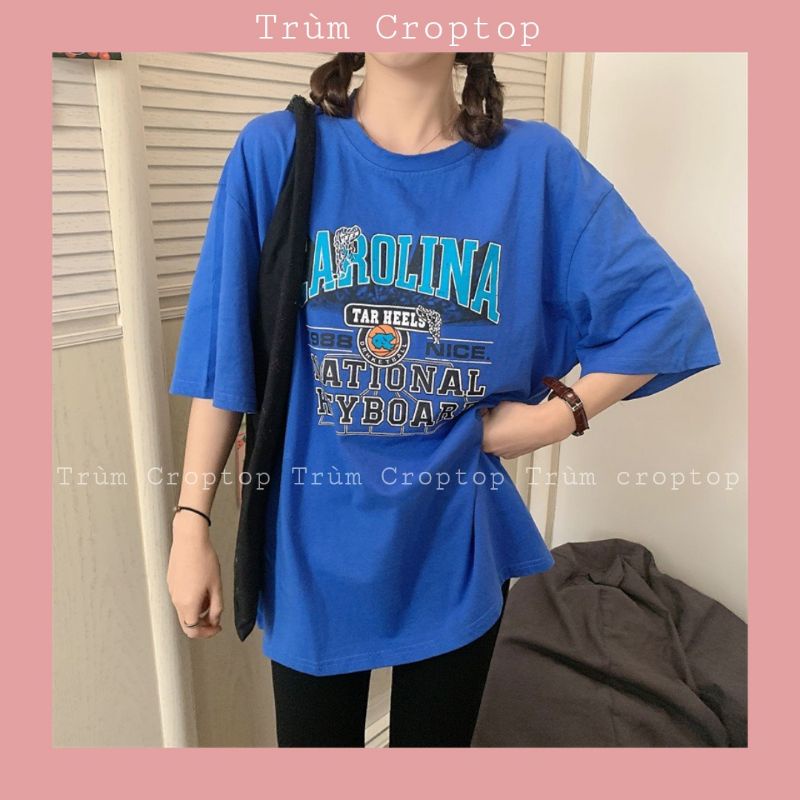 Áo Thun Tay Lỡ In Chữ CAROLINA 2 Màu Xanh Cam , Áo Phông Rộng Dáng Unisex Nam Nữ