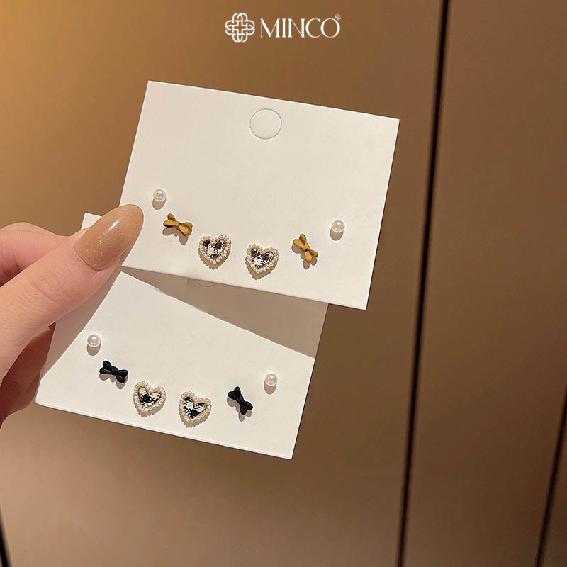 Bông tai nữ Minco Accessories sét ba khuyên tai nụ nơ trái tim xinh xắn phụ kiện thời trang đẹp cho nữ BT66