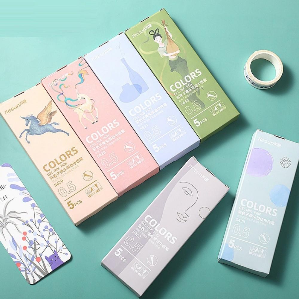 Hộp 5 bút bi bấm mực gel nhiều màu Resun tay cầm silicon Pison ngòi viết 0.5mm - 1 bộ