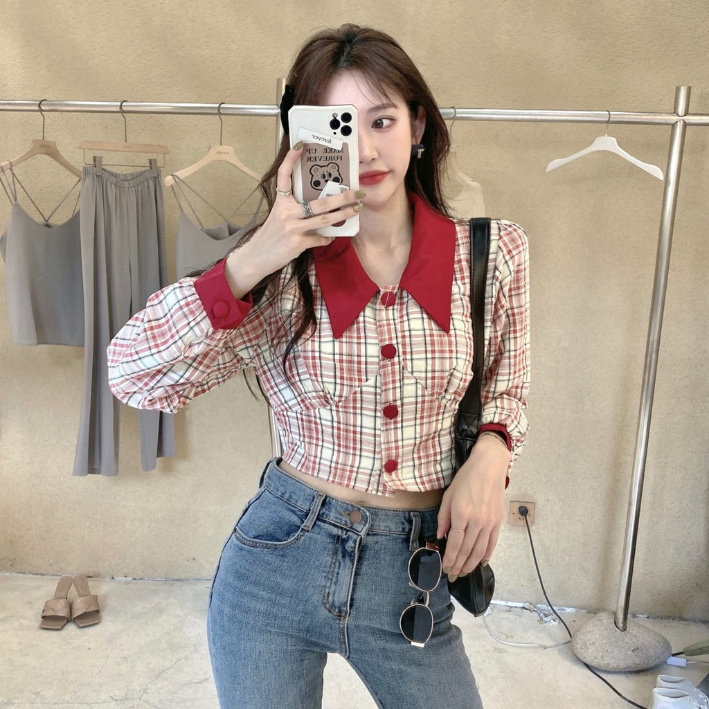 Áo Sơ Mi Croptop Tay Dài Họa Tiết Ca Rô Xinh Xắn Dành Cho Nữ