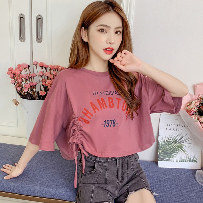 Áo Thun Ngắn Tay Cổ Tròn Dáng Rộng Phối Dây Rút Thời Trang Mùa Hè Cho Nữ
