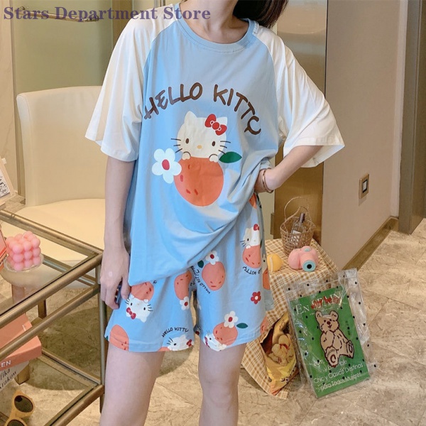 Bộ Đồ Ngủ Pijama Ngắn Tay In Hình Hello Kitty Dễ Thương Cho Nữ