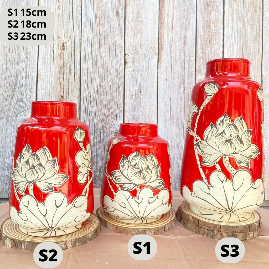 Bình hoa decor, lọ hoa gốm sứ BÁT TRÀNG set bộ 3 vai vuông men cao cấp họa tiết vẽ tay nhiều mẫu H24,H18,H15