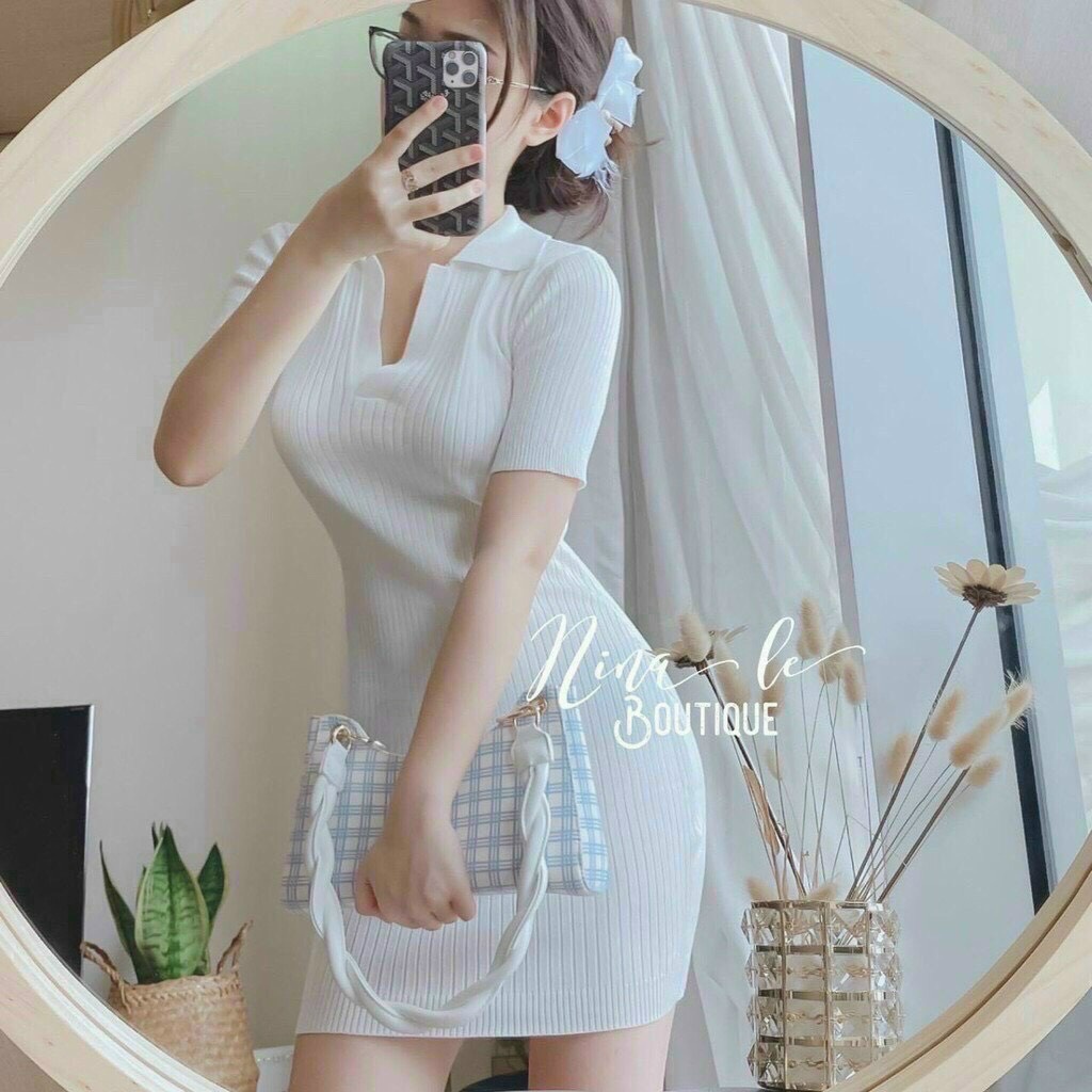 Váy body thun gân tăm cổ sơ mi phong cách trẻ trung thời trang VIVA TUN