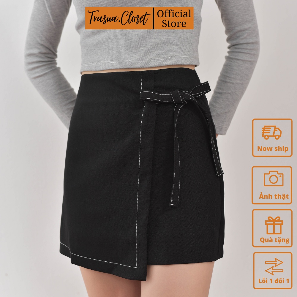 Chân váy chữ A trơn chỉ nổi buộc nơ sườnTrà Sữa Closet TS004