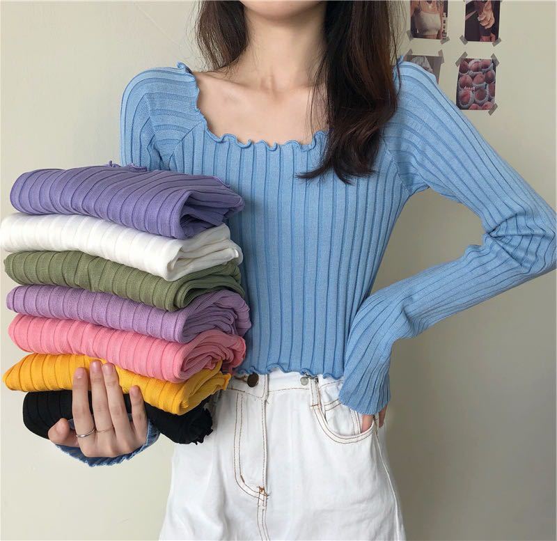 Áo Croptop Dệt Kim Tay Dài Phối Màu Trơn Thiết Kế Độc Đáo Nữ Tính