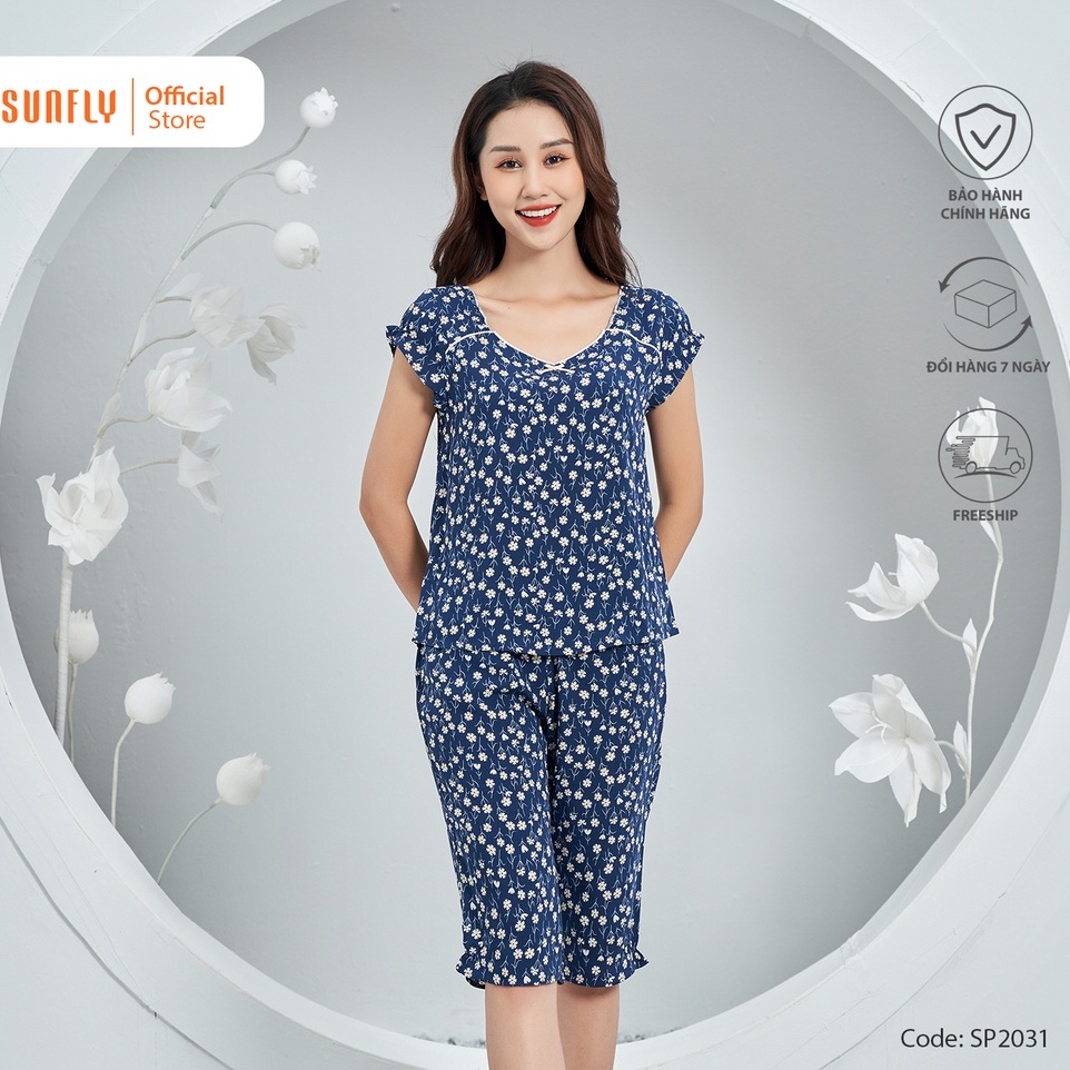 Bộ đồ mặc nhà nữ pijamas lanh SUNFLY áo cộc, quần trên gối SP2031