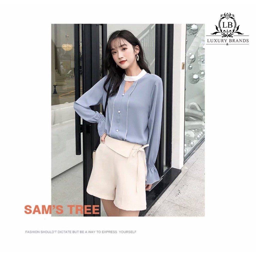 Set quần short ngắn giả váy trơn cạp cao có vạt eo thắt nơ kéo khóa sau áo sơ mi kiểu dài tay ulzzang Hàn Quốc hè thu l1