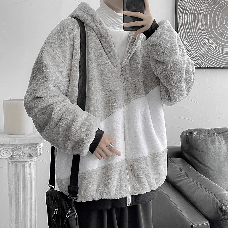 Áo khoác lông cừu dáng rộng màu sắc tương phản thời trang thu đông cho nam giới