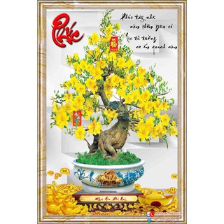Tranh 5d gắn đá toàn bộ - Tranh cây mai vàng và chữ Phúc