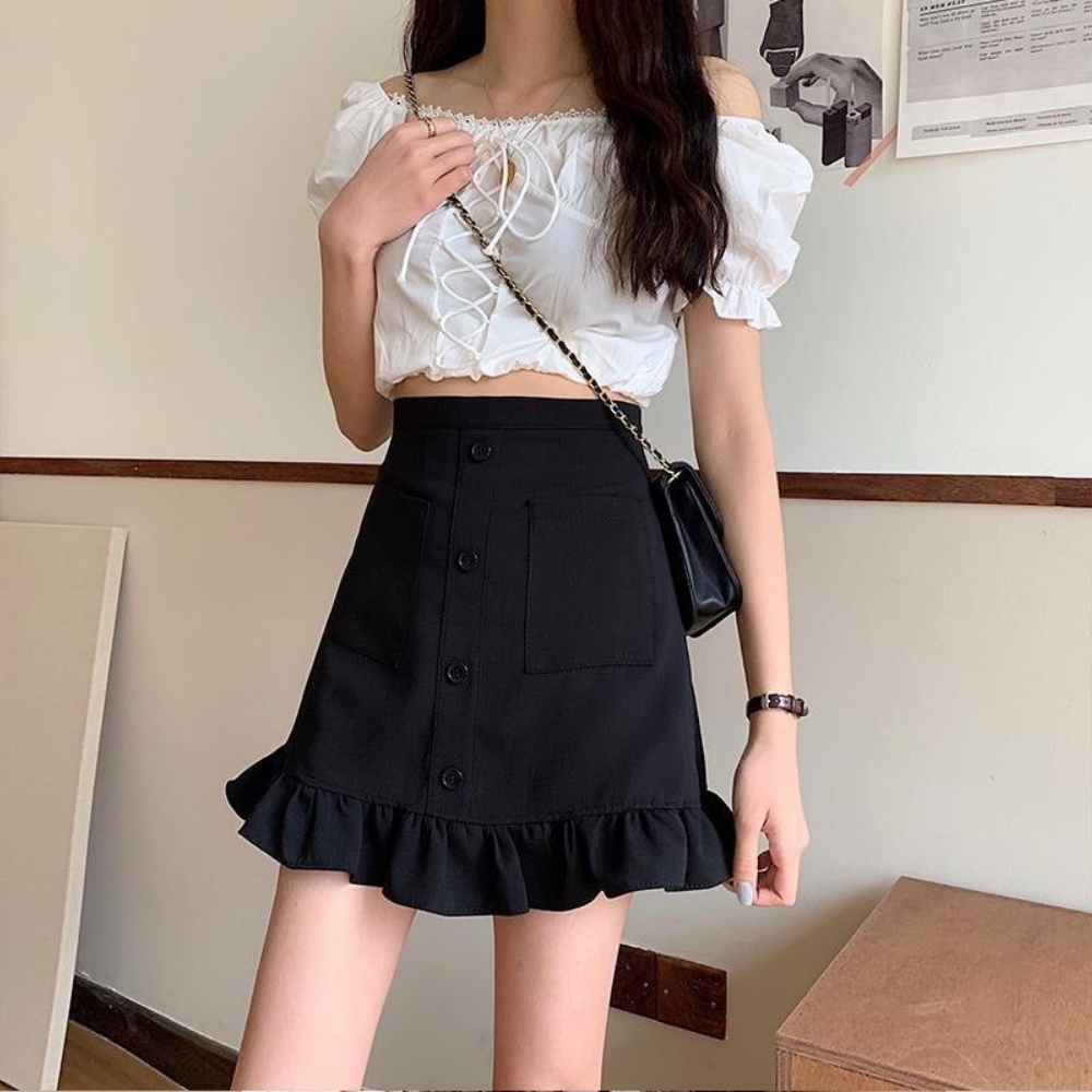 Chân váy nữ, chân váy midi phối cúc chất kaki màu đen size S M L SKUCV-04A  1990clother