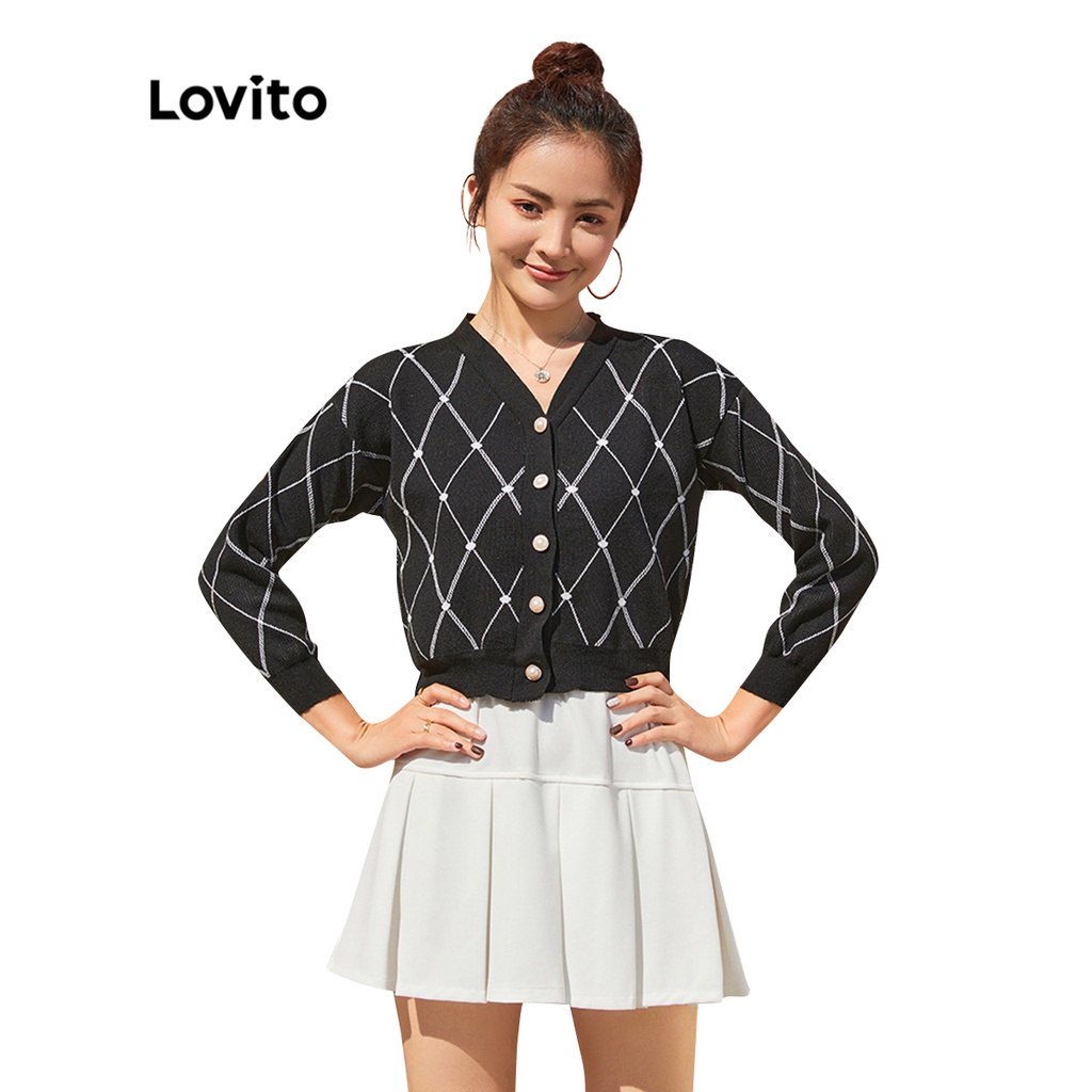 Áo cardigan Lovito dáng rộng gài khuy họa tiết caro quả trám phong cách Preppy L12066 (Màu đen)