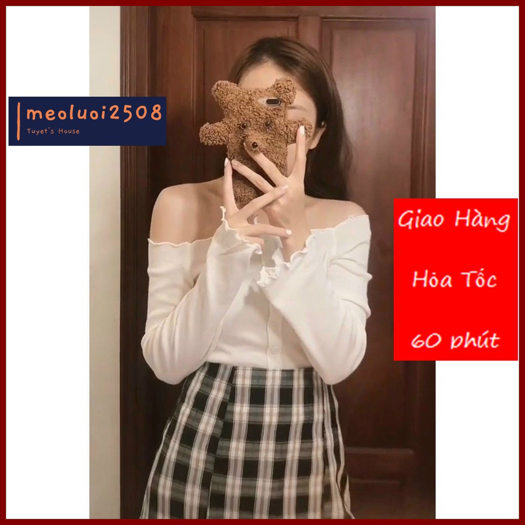 Áo Croptop Kiểu Nữ Trễ Vai Tay Dài Phối Nút Chất Thun Lụa Mịn Đẹp - AK0029 | bear.story