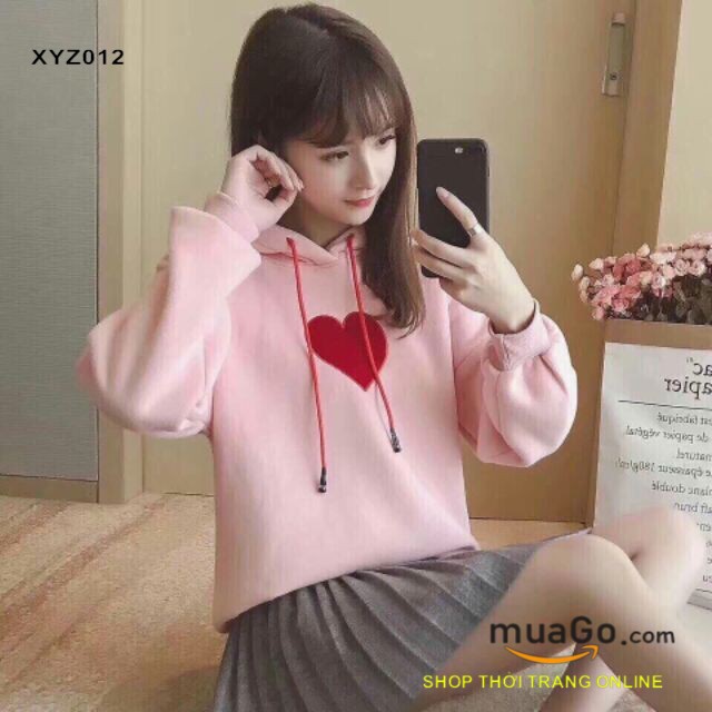 Áo hoodie nỉ thêu hình tim siêu cute, Áo khoác đi Đà lạt, Áo nỉ teen,ÁO NỈ CHUI CÓ MŨ Nữ Màu hồng, đỏ, trắng - XYZ012