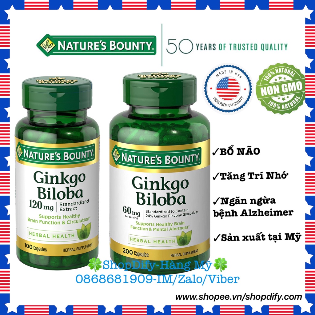 Nature's Bounty Ginkgo Biloba 60mg 200 viên, 120mg 100 viên, Hoạt Huyết Dưỡng Não, Bổ Não, Tăng Trí Nhớ của Mỹ