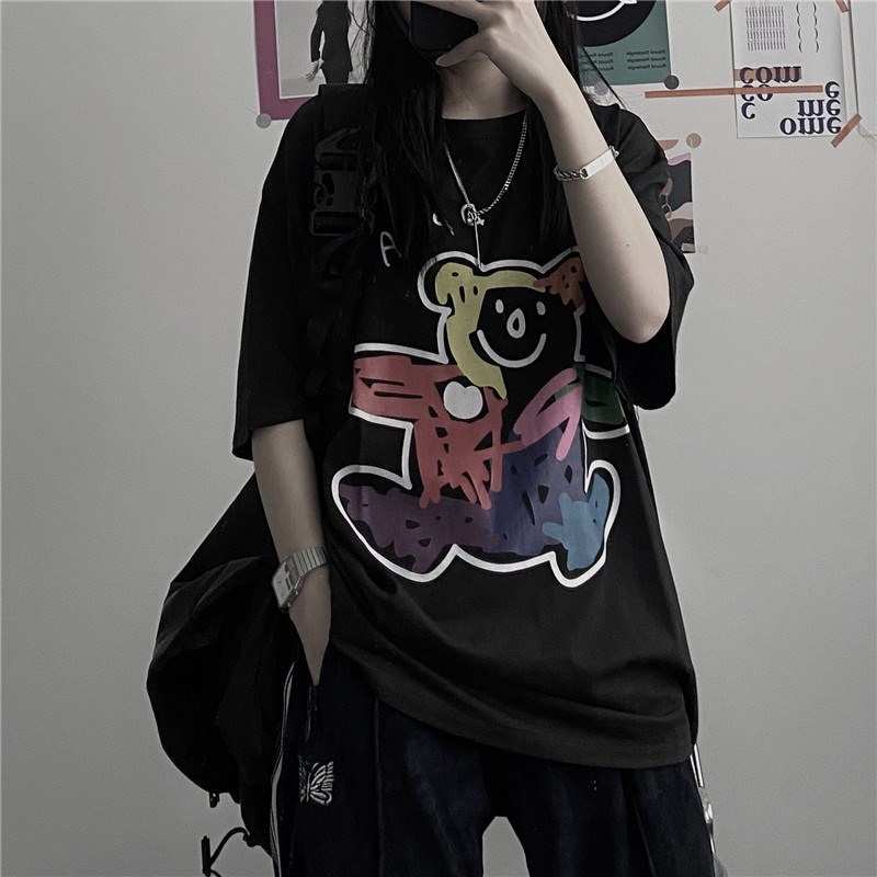 NRVP Áo thun tay lửng cổ tròn mềm mại in họa tiết phong cách Hàn Quốc thời trang tùy chọn màu sắc cho nữ