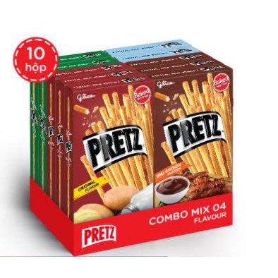 Combo Snack que Pretz nướng Giòn 4 vị X 10 Hộp (3 Original X 2 BBQ Gà X 2 Pizza X 2 Bắp)