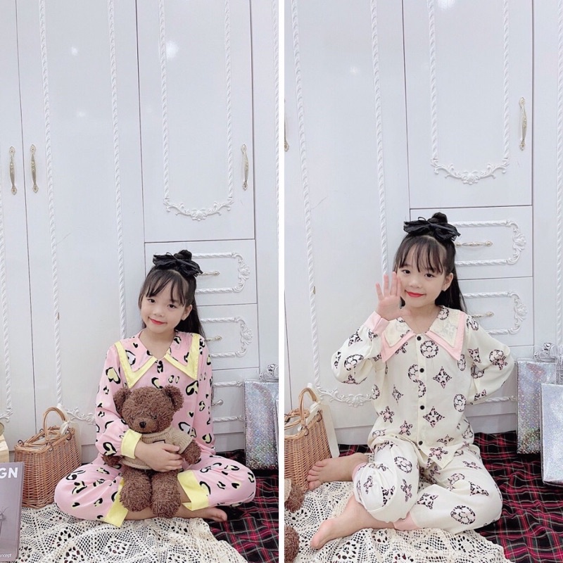 Bộ pijama tay dài quần dài chất lụa mango cho bé gái size đại 20-38kg