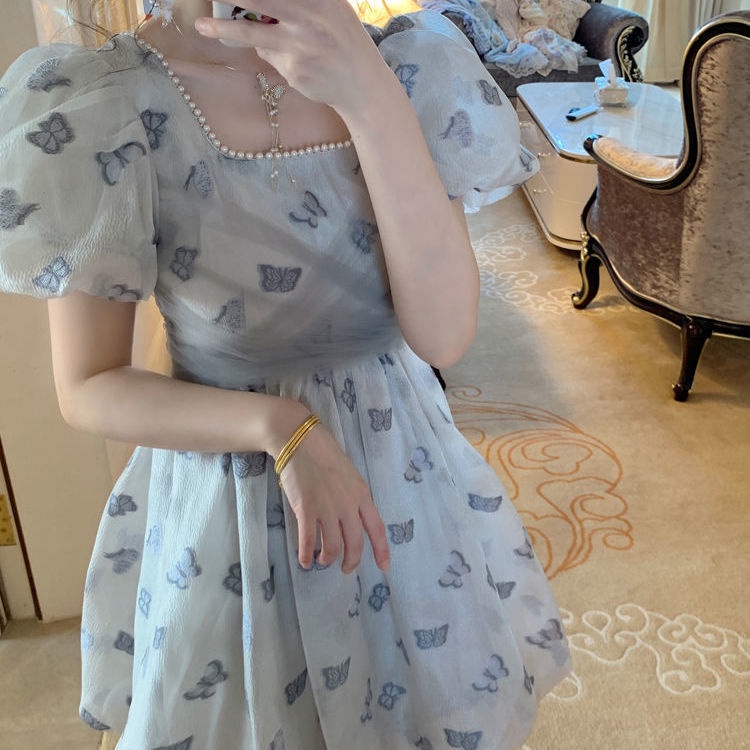 Đầm Công Chúa Tay Phồng Cổ Vuông Phối Lưới Đính Ngọc Trai Và Nơ Thời Trang Mùa Hè Phong Cách Pháp Mới Cho Nữ