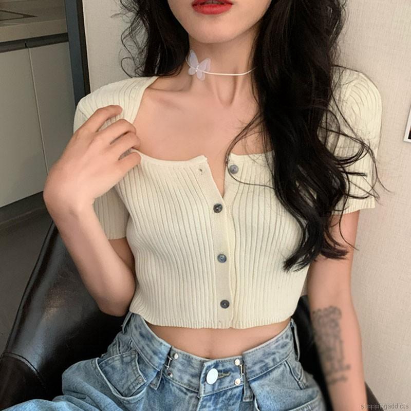 Áo Cardigan Dệt Kim Tay Ngắn Cổ Vuông Đính Nút Kiểu Hàn Quốc Xinh Xắn Cho Nữ