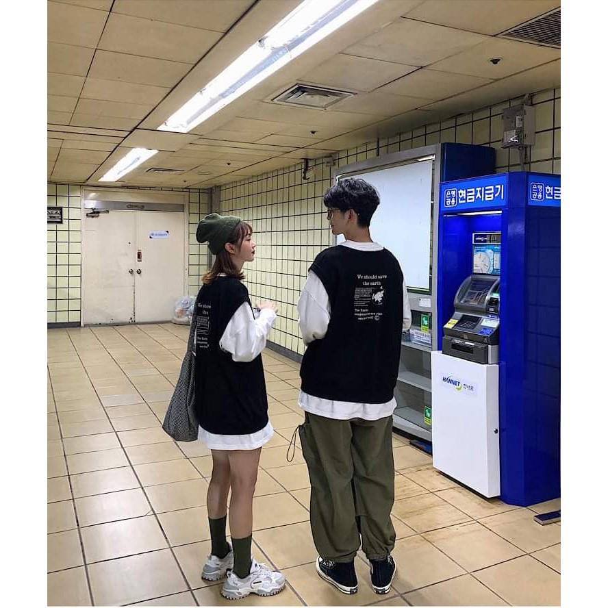 SET GILE NỈ SAVE THE EARTH MIX ÁO THUN TRẮNG DÀI TAY FORM RỘNG | BigBuy360 - bigbuy360.vn