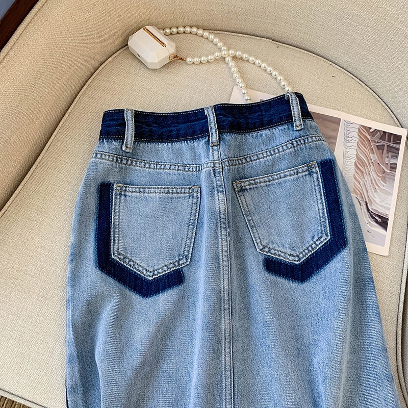 Chân váy jean Dáng Suông Xẻ Tà Màu Sắc Tương Phản Thời Trang Mùa Hè Hàn Quốc 2022