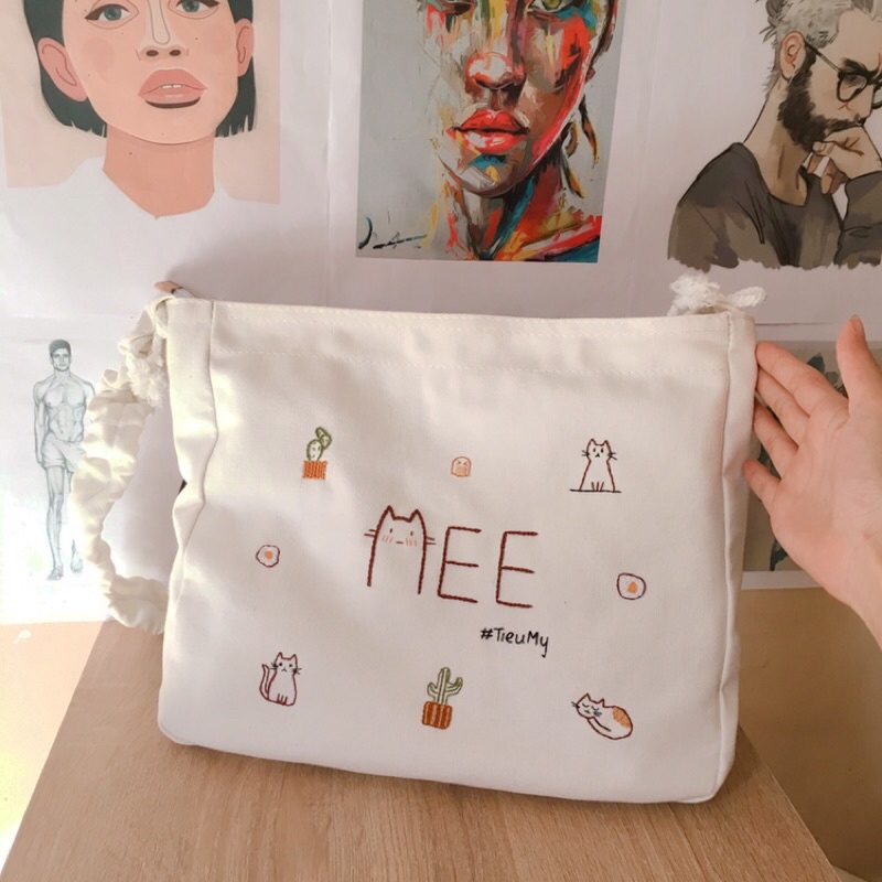 Túi Vải Canvas dây rút thêu tay hình mèo phong cách unisex