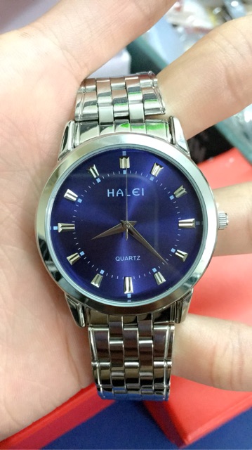 Đồng hồ nam, nữ Halei 502 dây trắng mặt xanh lịch lãm